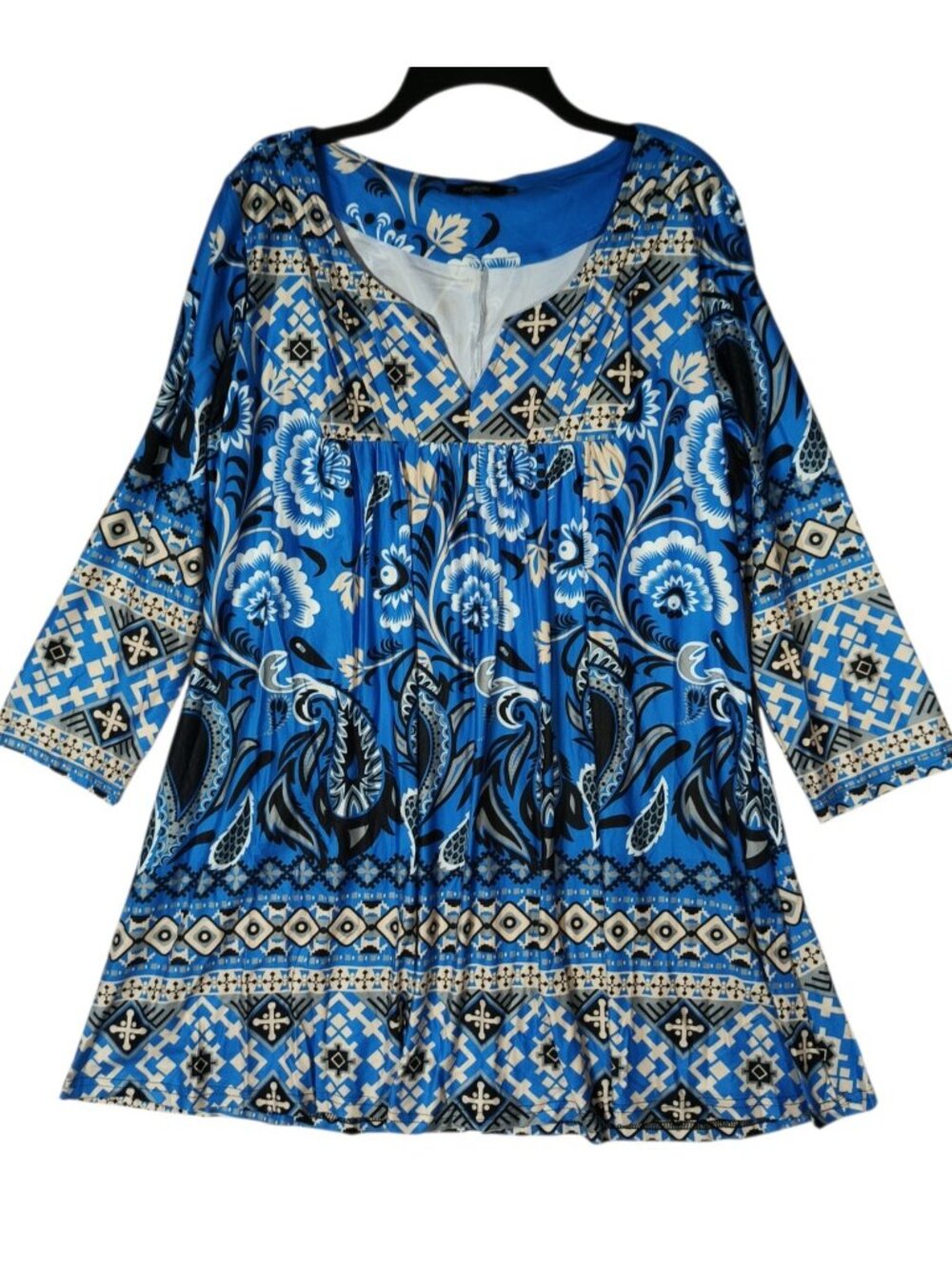 Reborn New York Dress Womens XL Blue Stretch Empire Waist Fit Flare Long Sleeve